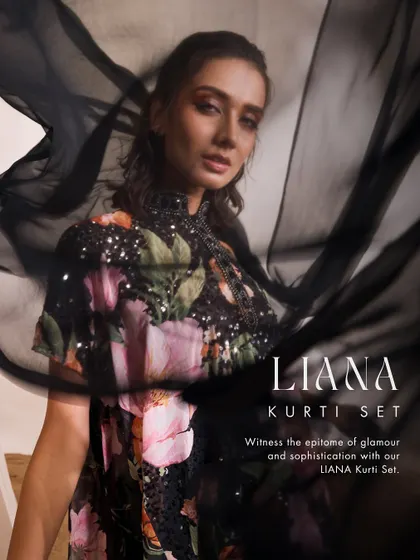 The Liana Kurti Set showcases the epitome of glamour and sophistication. This ensemble, featuring an embellished floral kurti and a mesmerizing drape skirt, is designed to elevate your presence at any gathering or occasion.