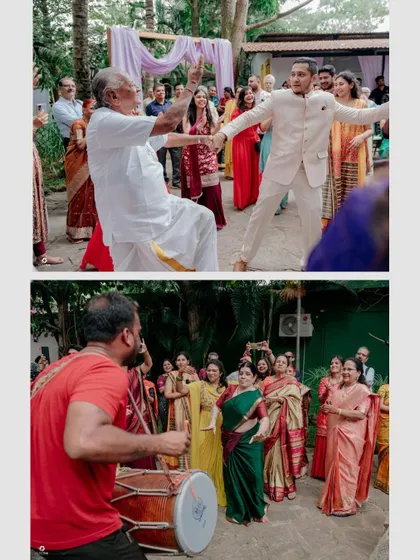 Candid moments from the Mehndi, where families come together to dance to the beat of the dhol, surrounded by the beautiful pastel decor.