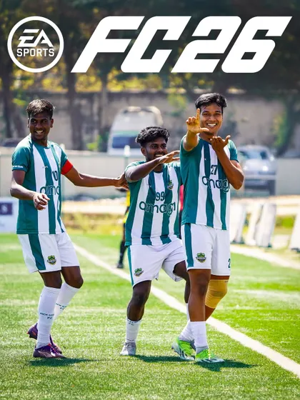 The joy of celebration, immortalized. This moment of team camaraderie gets the video game cover treatment.