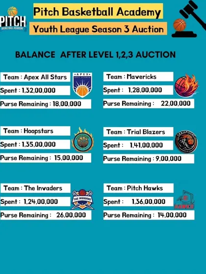 The final purse balances after the Level 3 auction, showing what each team had left to spend on their final roster spots.