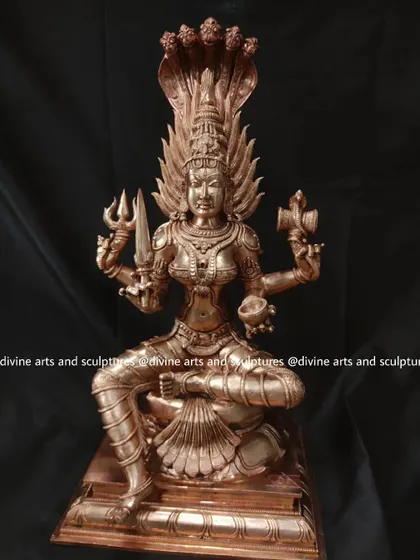 This 20-inch Panchaloha icon depicts Chowdeshwari Devi, a form of Goddess Shakti primarily worshipped in Karnataka. She is the family deity for many communities, and we are honored to create her form.