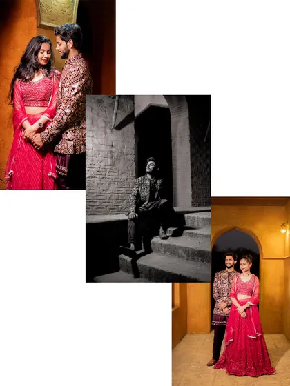 A moody and atmospheric pre-wedding collage. The use of shadows and black and white in one of the shots adds a touch of drama and sophistication.