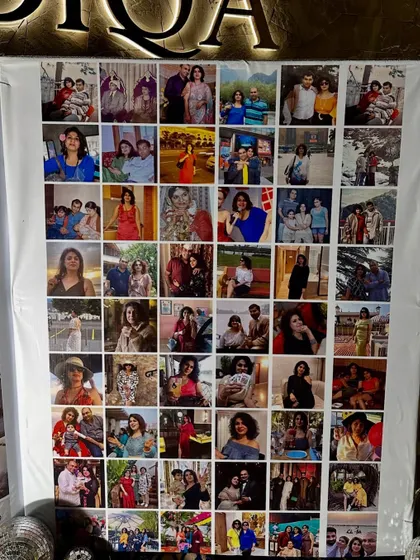 A beautiful and personal touch for a 50th birthday. We created a large photo collage banner with pictures from different stages of the birthday girl's life, creating a wonderful wall of memories.