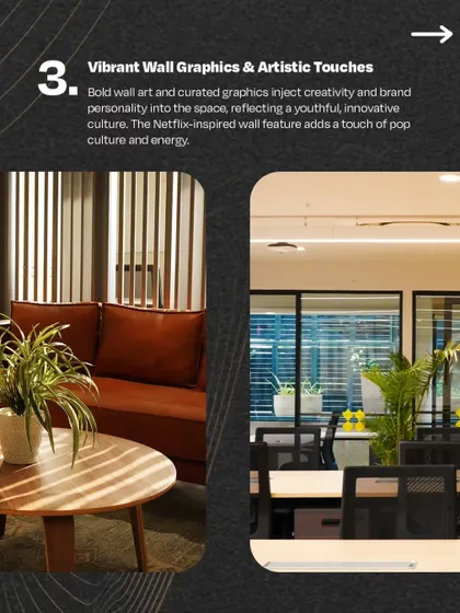 An image from the VentureX IFFCO Chowk location, highlighting the use of vibrant wall graphics. The combination of a comfortable brown sofa and artistic touches injects creativity and brand personality into the space.