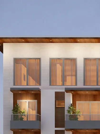 A detailed crop of the VN Vista elevation at dusk, highlighting the warm interior lighting seen from the outside.