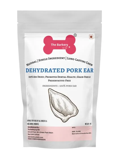 This is the packaging for my Dehydrated Pork Ear, showing my commitment to transparency. The label clearly states it's a natural, single-ingredient, long-lasting chew that's 100% air-dried and preservative-free.
