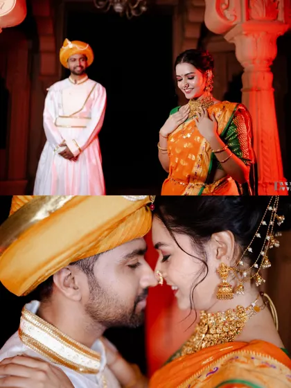 A collage showing the tender moments of a traditional Marathi pre-wedding shoot. From an admiring glance to a gentle touch, these are the small gestures that tell a big story.