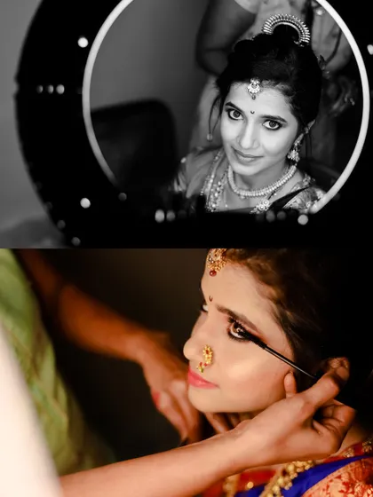 A collage showing the bride getting her makeup done, including a reflection in a ring light. These shots capture the anticipation of the moments before the ceremony.