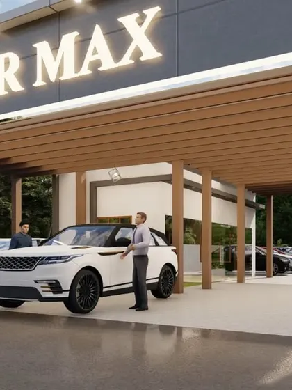 An identical view of the car showroom concept, highlighting the branding and customer reception area.