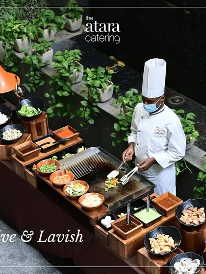 A full view of our live and lavish Teppanyaki setup. The station is fully equipped with a variety of ingredients and sauces, all managed by our professional chef.