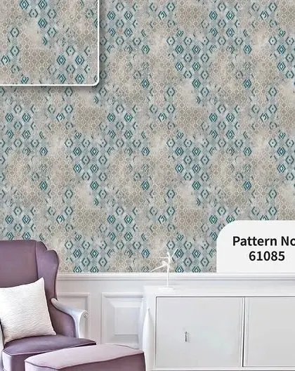 A room mockup with a blue and grey wallpaper featuring a small, embossed geometric pattern.