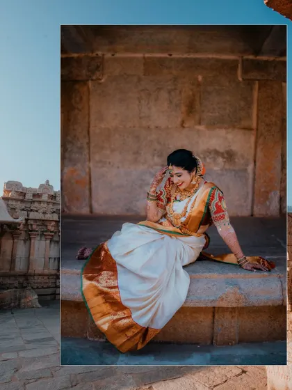 A candid, joyful portrait of the bride in the same temple setting. Her natural laugh shows her personality and the happiness of the day.