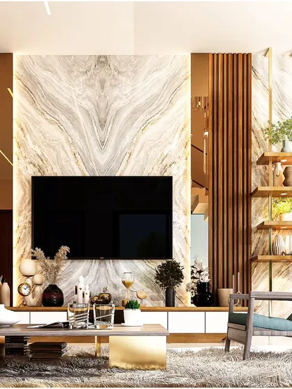 This living room TV unit uses a dramatic marble slab as its centerpiece, flanked by vertical wood slats and integrated shelving. The design balances natural textures with polished finishes for a sophisticated, modern aesthetic.