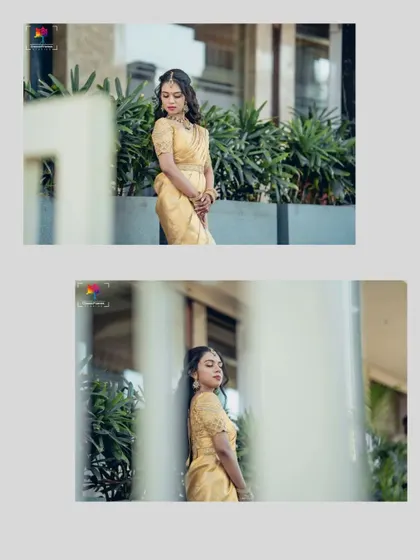 Stunning portraits of Likhitha for her ring ceremony. We used creative framing and angles to capture her elegance and the beauty of her golden saree.
