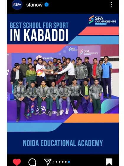 A graphic from SFA recognizing Noida Educational Academy as the 'Best School for Sport in Kabaddi'.