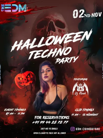 The poster for a Halloween Techno Party in Coimbatore. I love playing themed events and bringing a darker, harder sound to the floor.