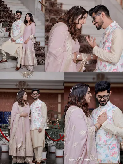 A collection of candid and posed shots of the couple, capturing their laughter and loving interactions.