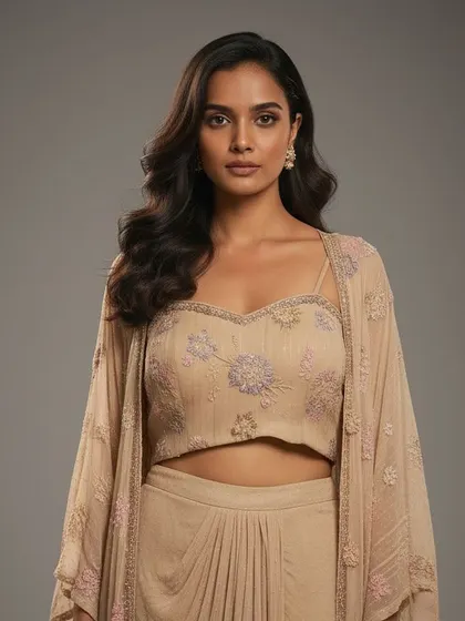A close-up of the beige Indo-Western set, showing the delicate floral embroidery on the bustier. It's a beautifully crafted piece for a modern, elegant look.