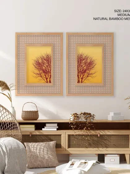A distinctive set of two tree silhouette prints, framed with our natural bamboo mesh. This textural framing option adds a unique, handcrafted feel to the artwork, perfect for a bohemian or rustic space.