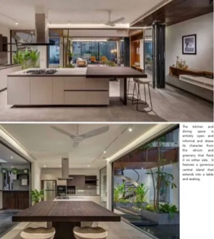 The open kitchen and dining area of 'Belaku', which connects seamlessly to the central atrium.