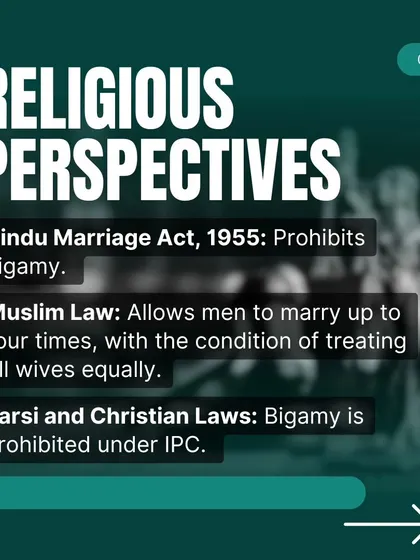 Different religions have different perspectives on bigamy. The Hindu Marriage Act prohibits it, while Muslim personal law allows men up to four wives under certain conditions. Parsi and Christian laws also prohibit it.