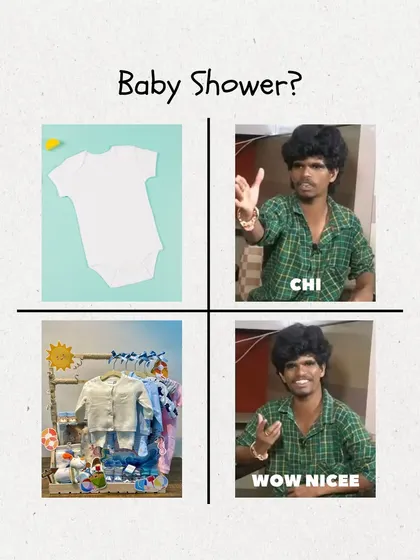 A fun meme showing the difference between a generic baby shower gift and a thoughtfully curated hamper from my collection. Why give just a onesie when you can give a whole experience?