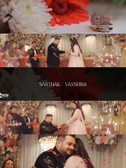 A collage capturing the key moments of Sarthak and Vanshika's Roka, from the ring exchange to their happy embrace.