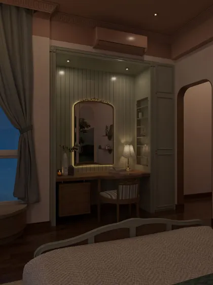 The room's lighting is designed to create a cozy ambiance in the evening, with accent lights highlighting the vanity area and adding a warm glow to the space.