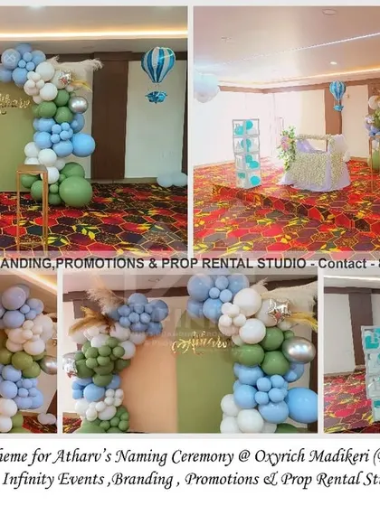 A simple and elegant theme for Atharv's naming ceremony. The decor includes a semi-arch backdrop with a green, blue, and white organic balloon garland, creating a serene and beautiful setting.