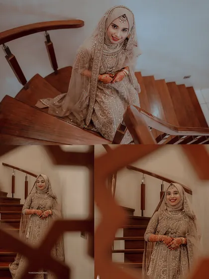 A collage of a Muslim bride in a gorgeous beige gown, posing elegantly on a wooden staircase. The different angles showcase the full beauty of her outfit.