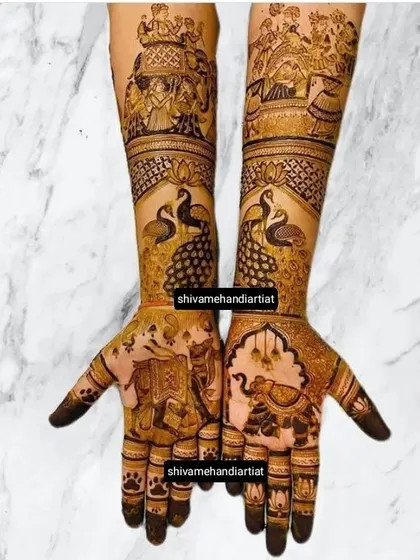 A duplicate of a grand design featuring a royal procession with the groom on an elephant, peacocks, and other traditional wedding day motifs.