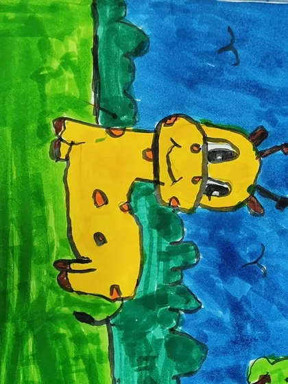 A close-up of a cute giraffe drawing. The use of bright yellow and green makes this artwork really stand out.