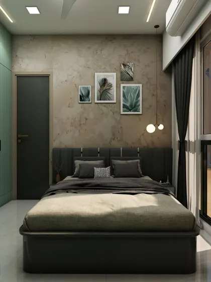 A 3D render of a master bedroom with a textured accent wall, mint green wardrobes, and a sleek TV unit, creating a fresh and contemporary look.