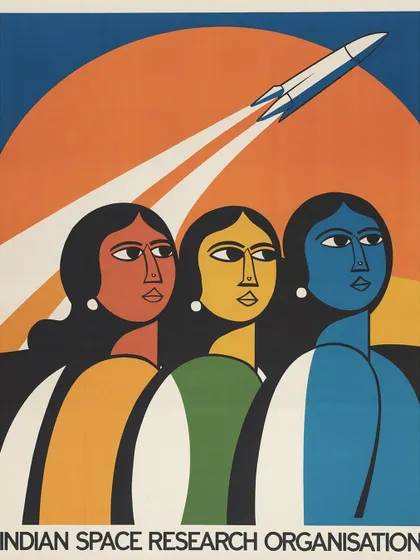 A retro-futurist poster concept for ISRO, inspired by mid-century graphic design. This series celebrates India's space program with a vintage aesthetic.
