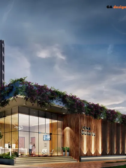 A rendering of the entrance to Club Solaris. The design combines natural wood cladding with large glass walls and a green roof, creating a welcoming and modern clubhouse that connects with the surrounding landscape.