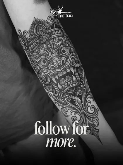 The Kirti Mukha, or "Face of Glory," is a powerful symbol in Hindu mythology. We brought it to life with intricate line work and deep shading to create a formidable and spiritually significant forearm piece.