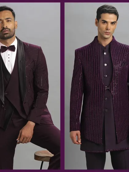 A burgundy velvet tuxedo and a striped burgundy Indo-Western. Two unique textures and styles in one bold color.
