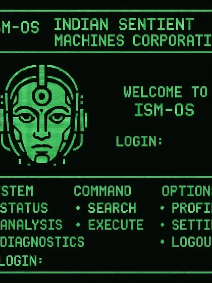 A login screen for ISM-OS, the operating system of the Indian Sentient Machines Corporation. This builds out the world of INSEMCO with user interface design.