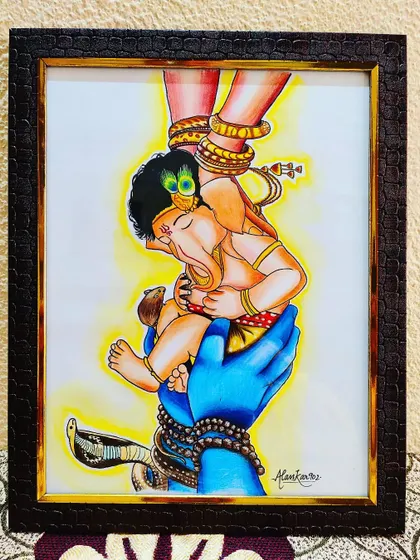A unique and emotional depiction of baby Ganesha held lovingly by his parents, Shiva and Parvati. This colorful, framed piece is perfect for home decor and brings a sense of divine love to any space.