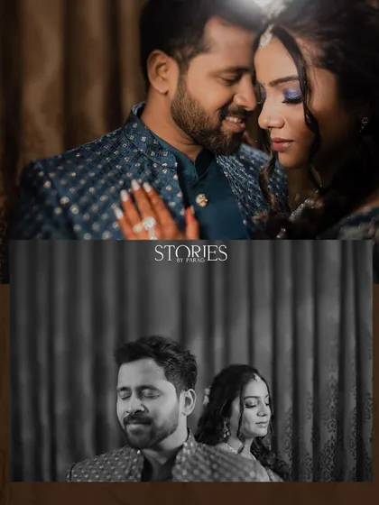A beautiful blend of color and monochrome. This collage juxtaposes a warm, intimate color portrait with a classic, contemplative black and white shot, showing different facets of their story.