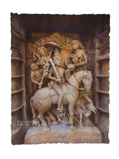 A watercolour painting from my stone series that was part of my 2017 solo exhibition at Jehangir Art Gallery. This piece depicts a historical scene with the detail and texture of a temple carving.