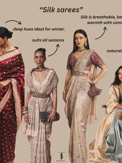 Silk sarees are naturally warm and breathable, making them suitable for all seasons. Their deep hues are particularly ideal for winter weddings.
