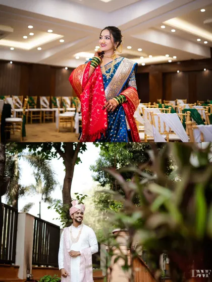 A collage of the bride and groom's individual portraits, capturing their elegance and anticipation on their wedding day.