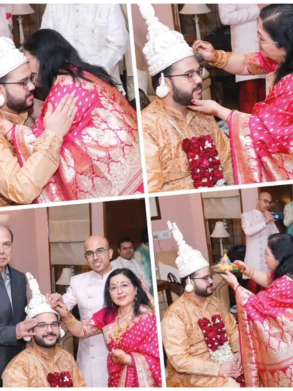 This collage captures the beautiful and emotional rituals of a Bengali groom's ceremony, surrounded and blessed by his family.