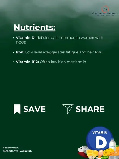 Nutrients: We check for deficiencies in Vitamin D, Iron, and Vitamin B12, which are common in women with PCOS and can worsen symptoms like fatigue and hair loss.