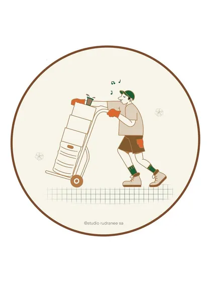 Part of the coffee illustration series, this character hums a tune while handling deliveries. It's about finding joy in the everyday hustle, powered by coffee.