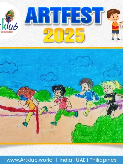 A lively crayon drawing of a running race from our Junior category. The artist has captured the motion and excitement of the runners as they compete to cross the finish line.