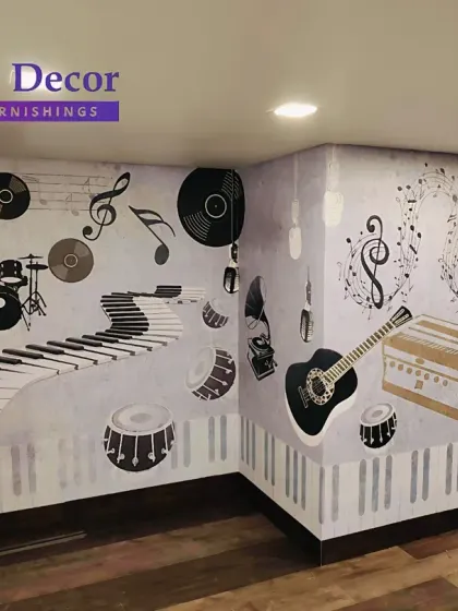 For the true music aficionado, we created this fully custom music-themed wallpaper. The design wraps around the corner of the room, featuring a dynamic composition of instruments, vinyl records, and musical notes to create an immersive, creative atmosphere.