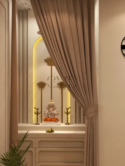 The mandir can be elegantly concealed behind a thick curtain, allowing it to be a private space for prayer within the bedroom.