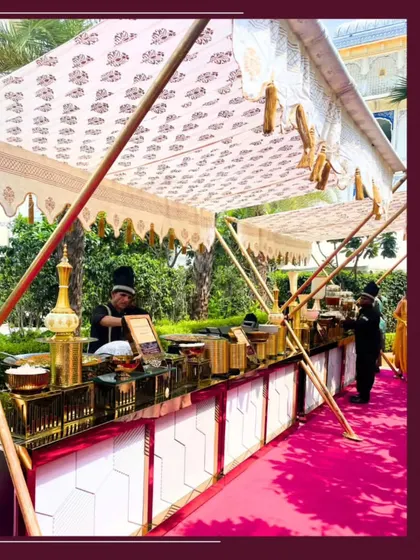 A collage of one of our outdoor event setups. We provide a world-class culinary experience, from the elegant tenting and decor to the delicious food stations.